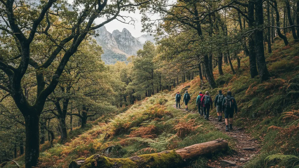 Un sendero de montaña a través de un denso bosque, con la luz del sol filtrándose entre los árboles.