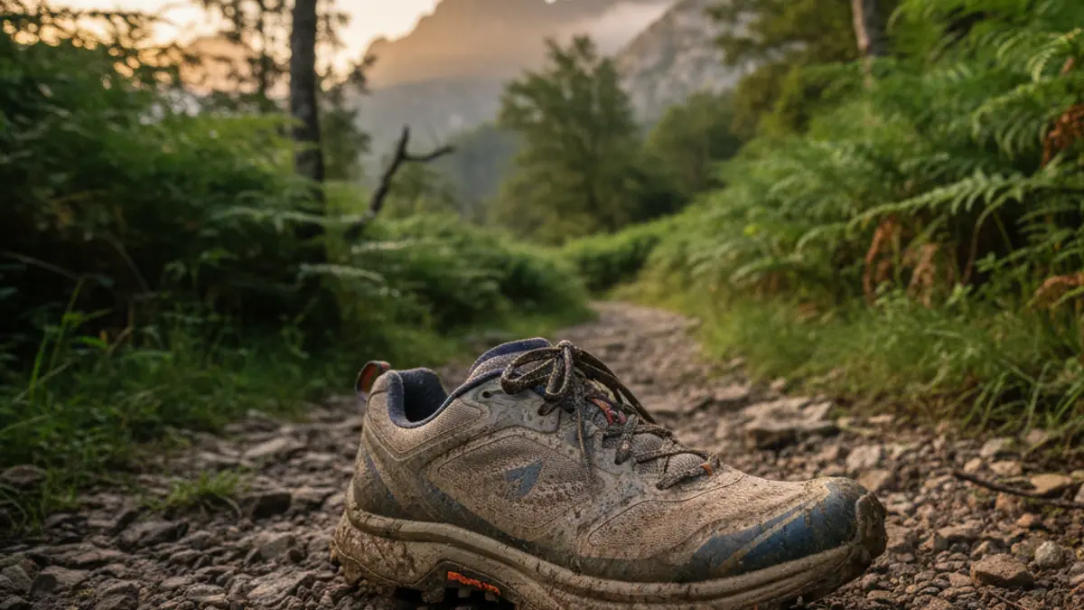 Generic image of a trail running shoe on a muddy mountain path.