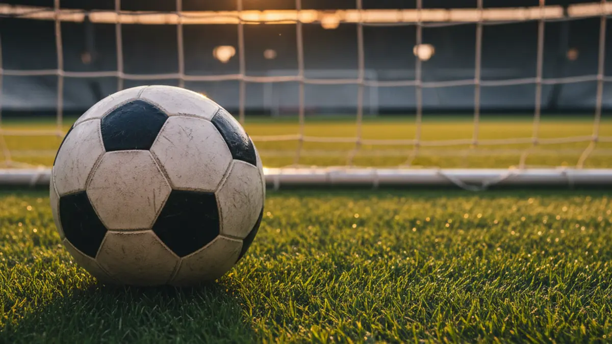 Irudi generikoa futbol-baloi bat belar berdean, atzealdean ate-sarea lausotuta.