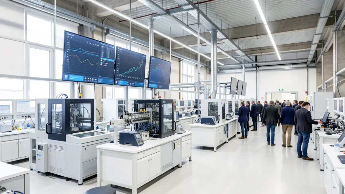Irudia generikoa da: Eibarko industria-laborategi moderno bat, makineria aurreratua eta datuak bistaratzen dituzten pantaila digitalak dituena.
