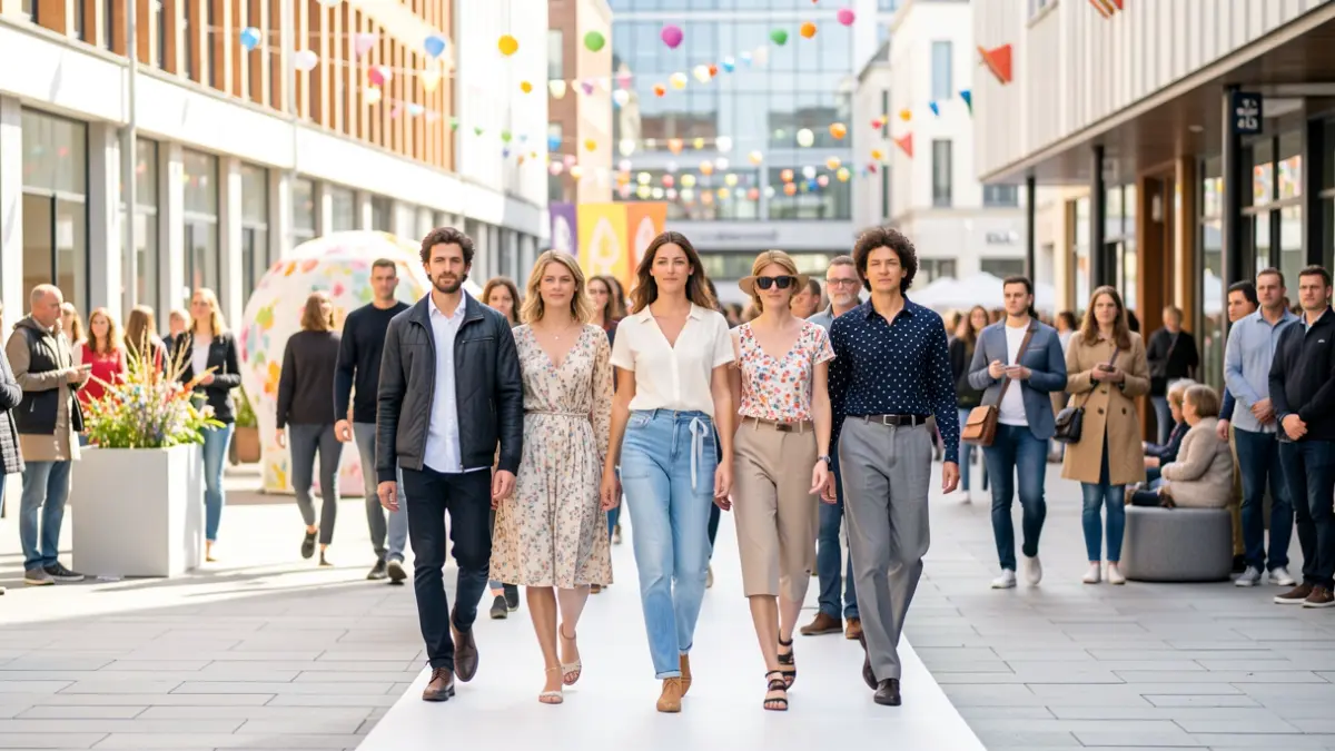 Eskala desberdinetako modeloak Eibarko Errebal Plazako moda desfile batean.