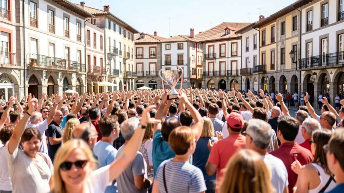 Irudi generikoa Eibarko plaza batena, jende jendetsua eta eguzki beroa.