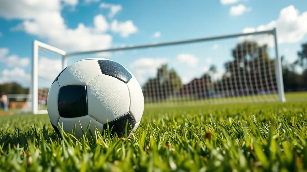 Generic image: a soccer ball on green grass, with a blurred goal net in the background.