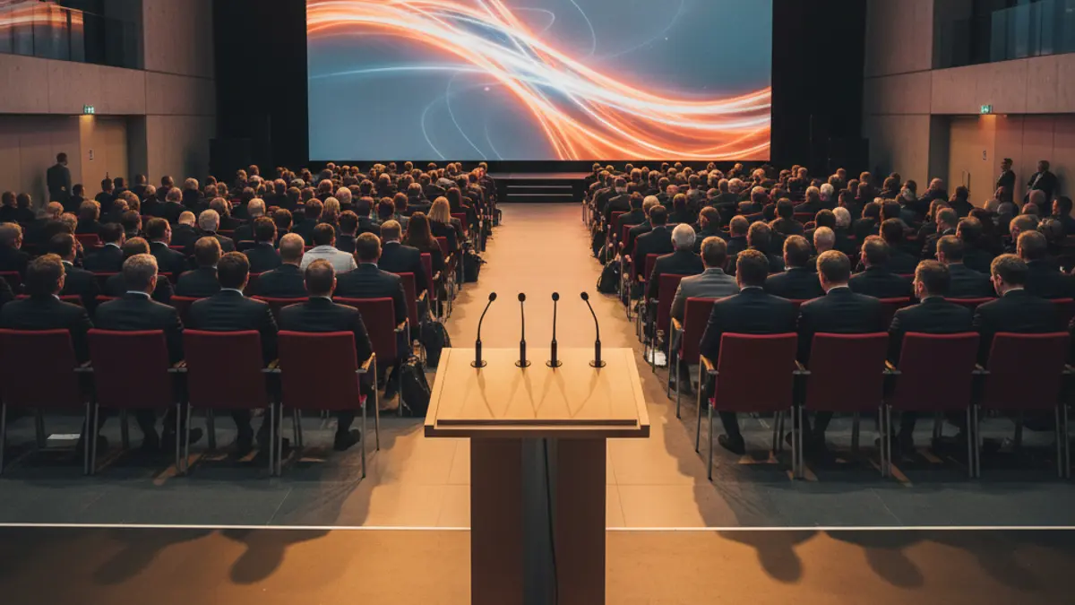 Generic image of a modern business event hall with a stage and microphones.
