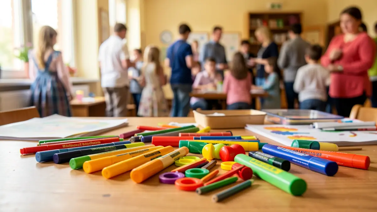 Children's craft supplies and materials on a table.