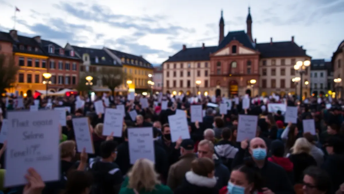 Generic image of a protest, people gathered in a demonstration at dusk.