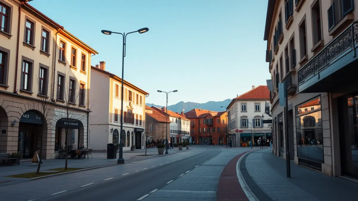 Newly renovated Urkizuaran street in Elorrio, with modern lighting and a pedestrian path.