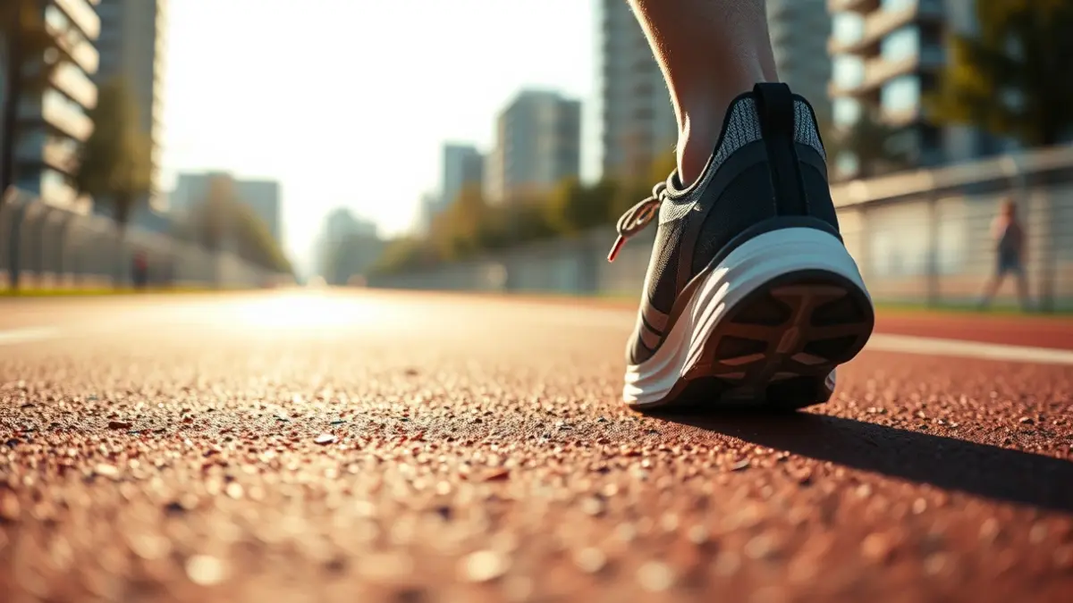 Generic image of a close-up of a runner's shoe on an asphalt track, with a blurred city background.