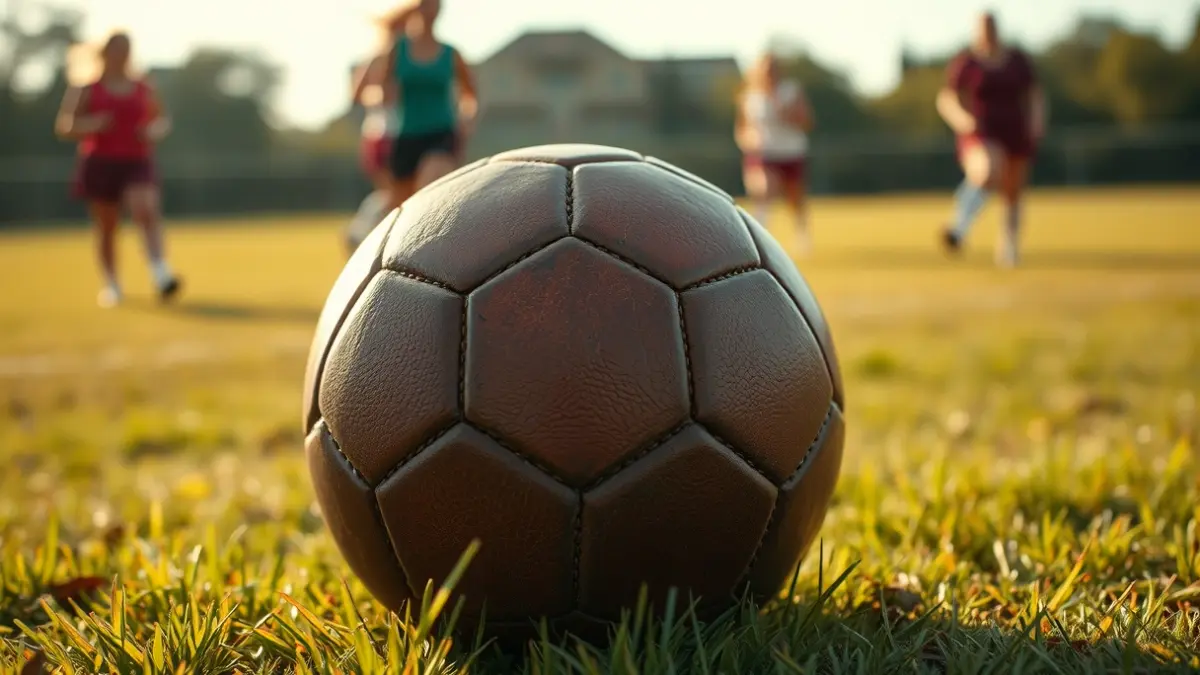 Generic image depicting the early days of women's football, with an old ball and blurred players in the background.