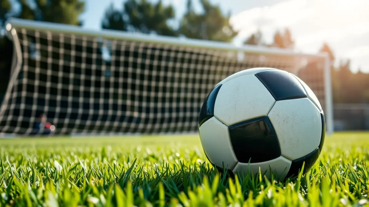 Irudi generikoa: Futbol-baloi bat belar gainean, atzealdean ate-sare lausoa duela.