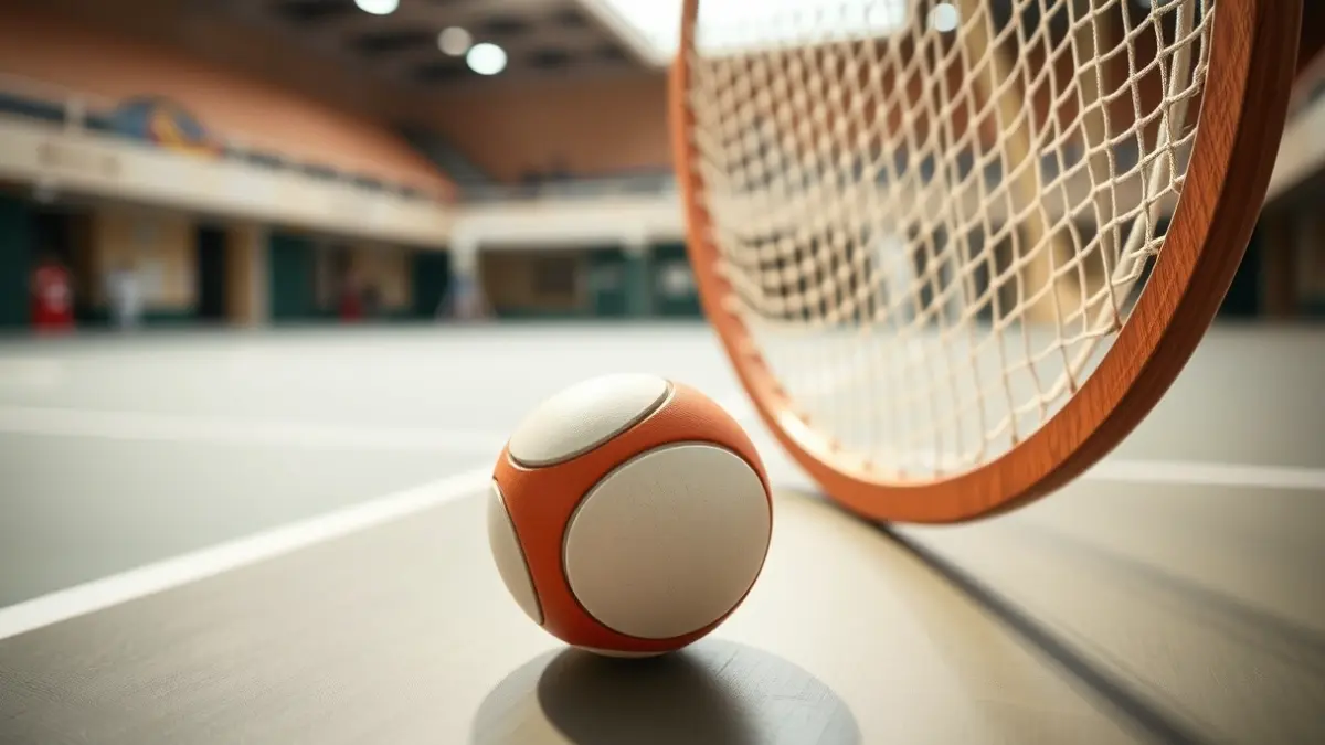 Cesta y pelota de cesta punta en una cancha, con líneas borrosas de la cancha al fondo.