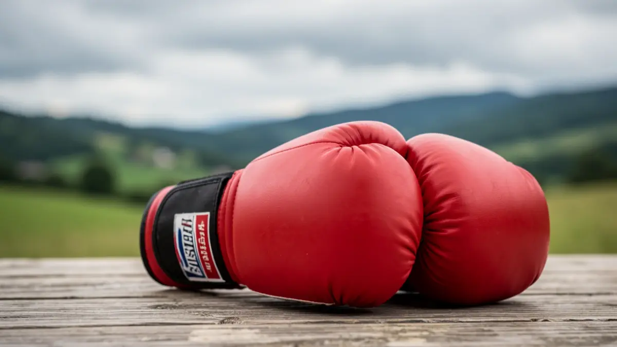 Boxeo eskularru baten argazkia, atzealdean Euskal Herriko paisaia lausoa.