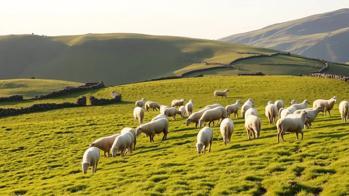 Sheep grazing in a meadow in the Aralar mountain range, with a typical Basque Country landscape.
