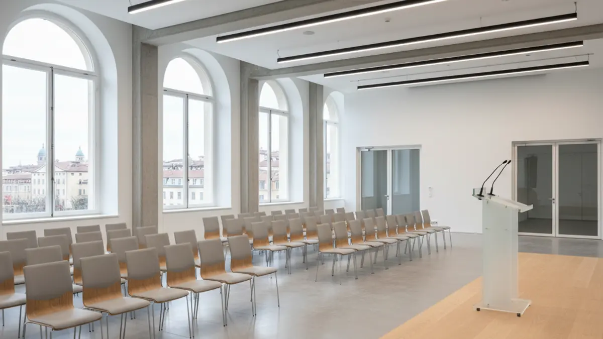 Generic image of a modern conference hall representing a job fair or professional event.