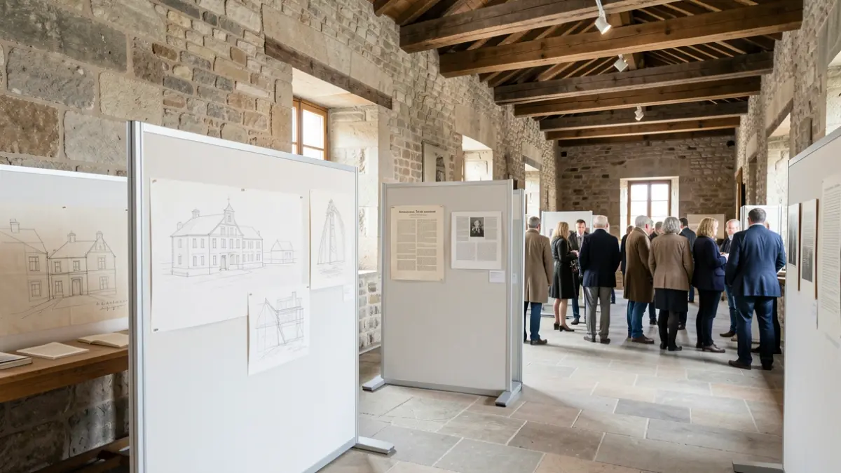 Interior of an exhibition hall with architectural plans and historical documents on display.