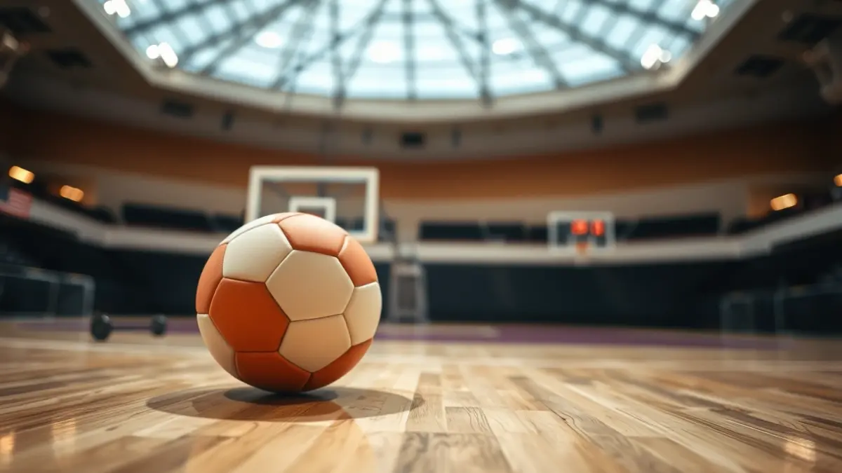 Un balón de balonmano en una cancha pulida, con la red de la portería difuminada al fondo.