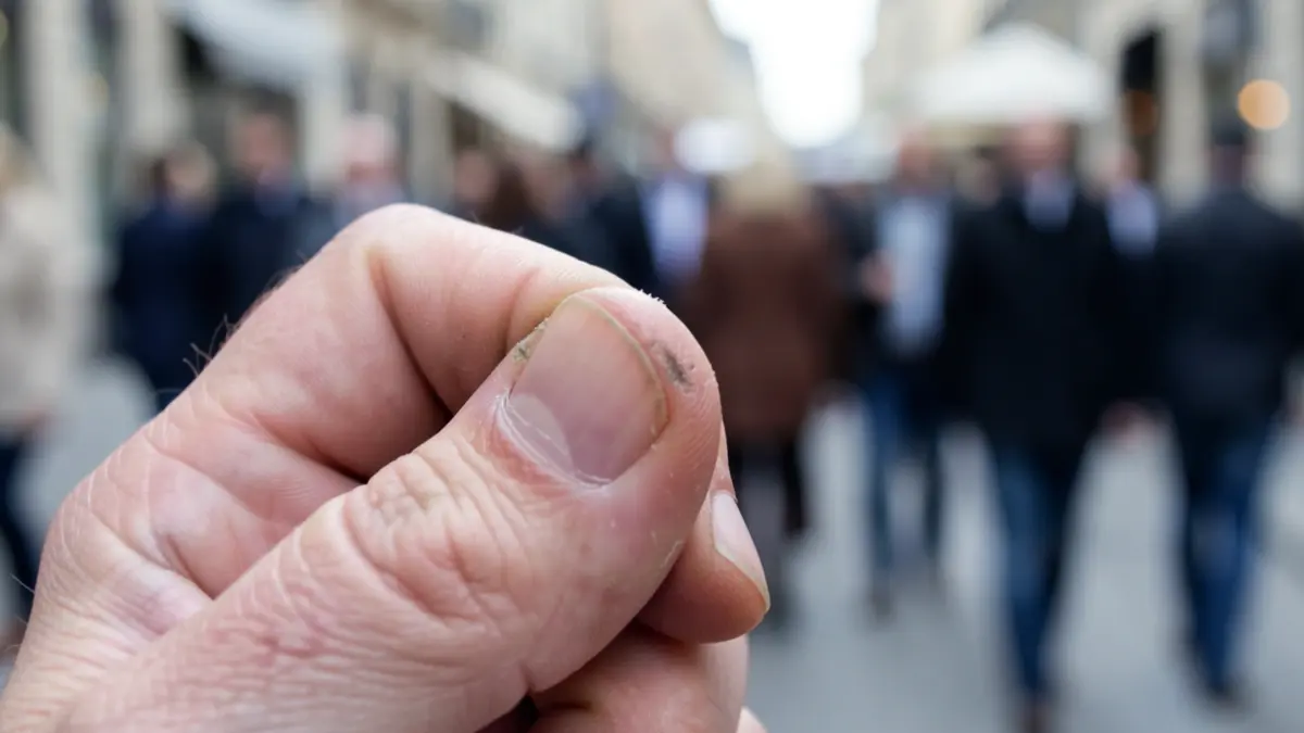 Close-up of a human thumb joint showing signs of wear and tear. The background is blurred, focusing on the anatomical detail. Soft, clinical lighting.