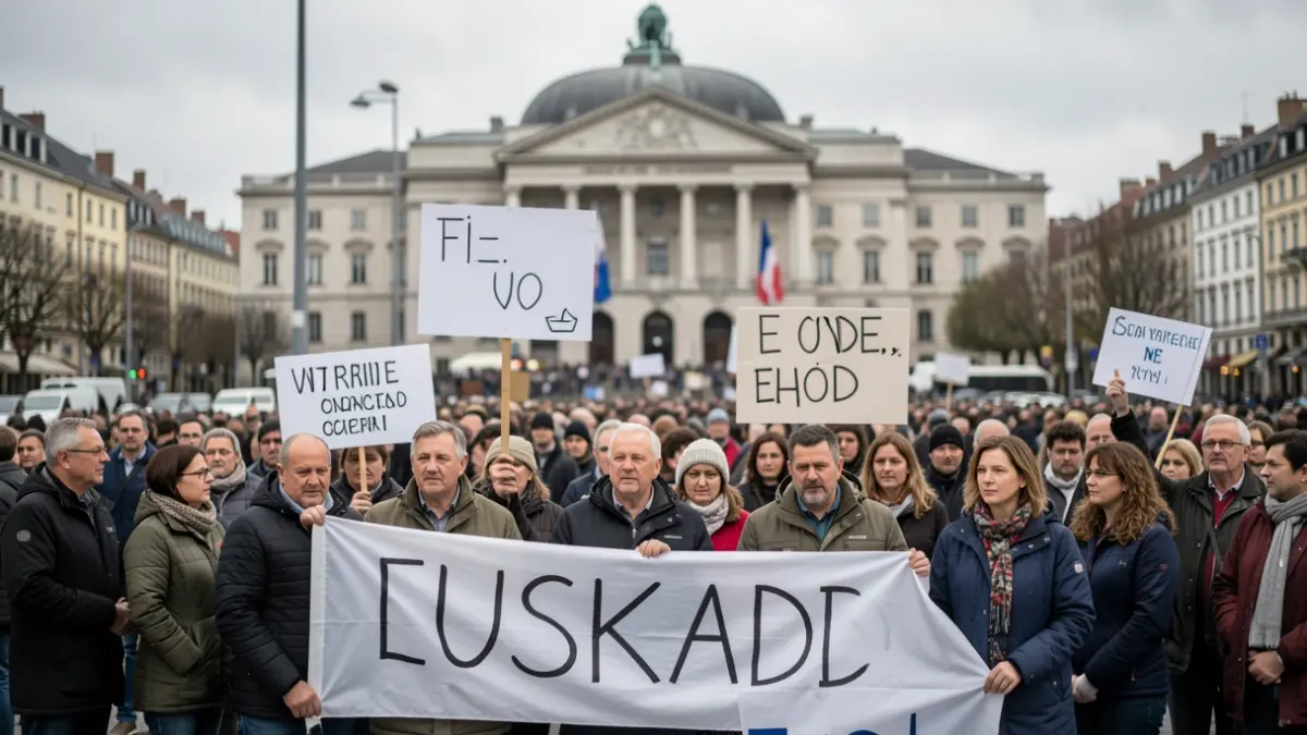 Image of a protest with banners in front of a government building.