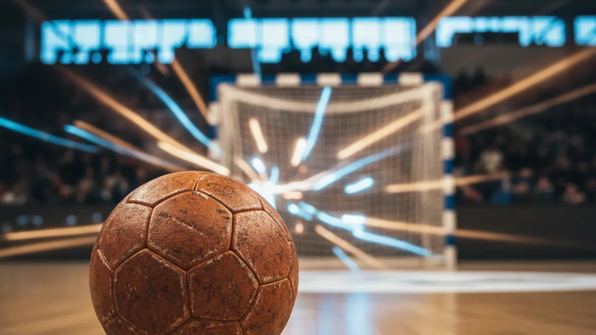 Generic image of a handball on a court, with a blurred goal in the background.