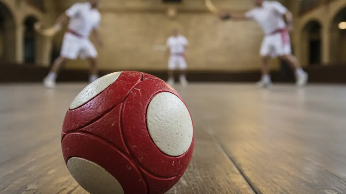 Generic image of a pelota ball on a fronton court, with a pelota game in the background.