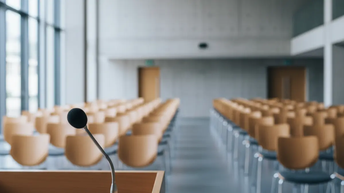 A microphone on a podium in a municipal meeting room.