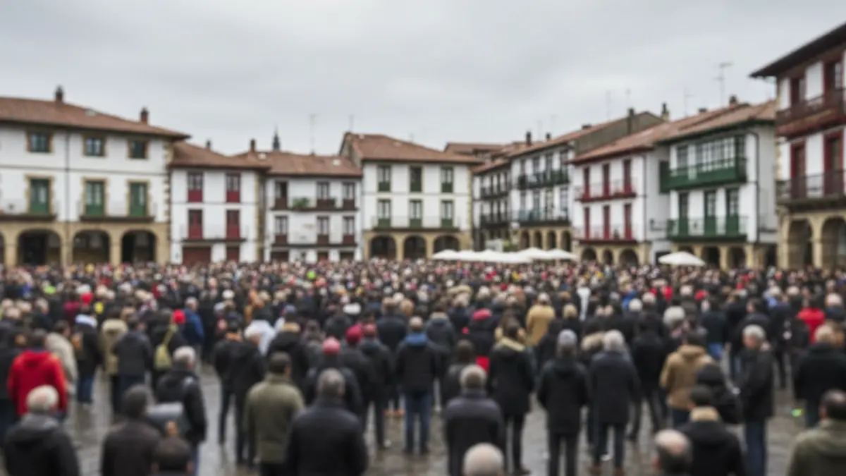 Blurred crowd in a town square, holding unreadable signs, under a cloudy sky. Traditional Basque architecture in the background.