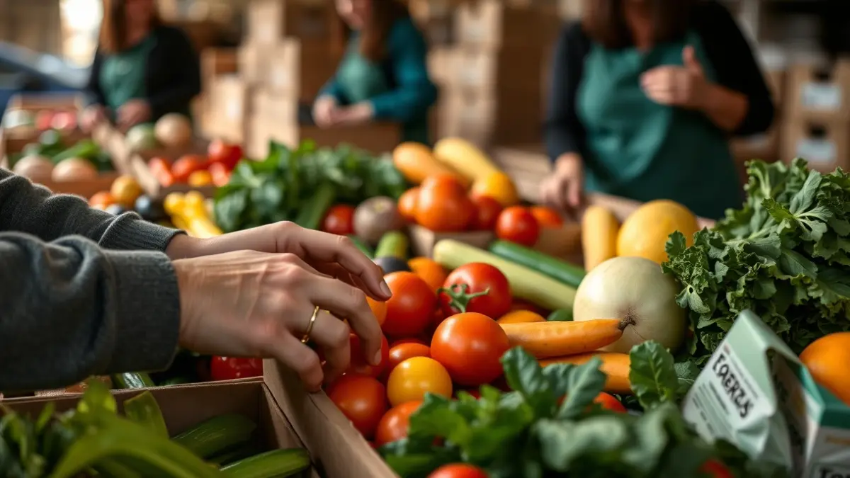 Generic image: hands distributing fresh produce in a community center.