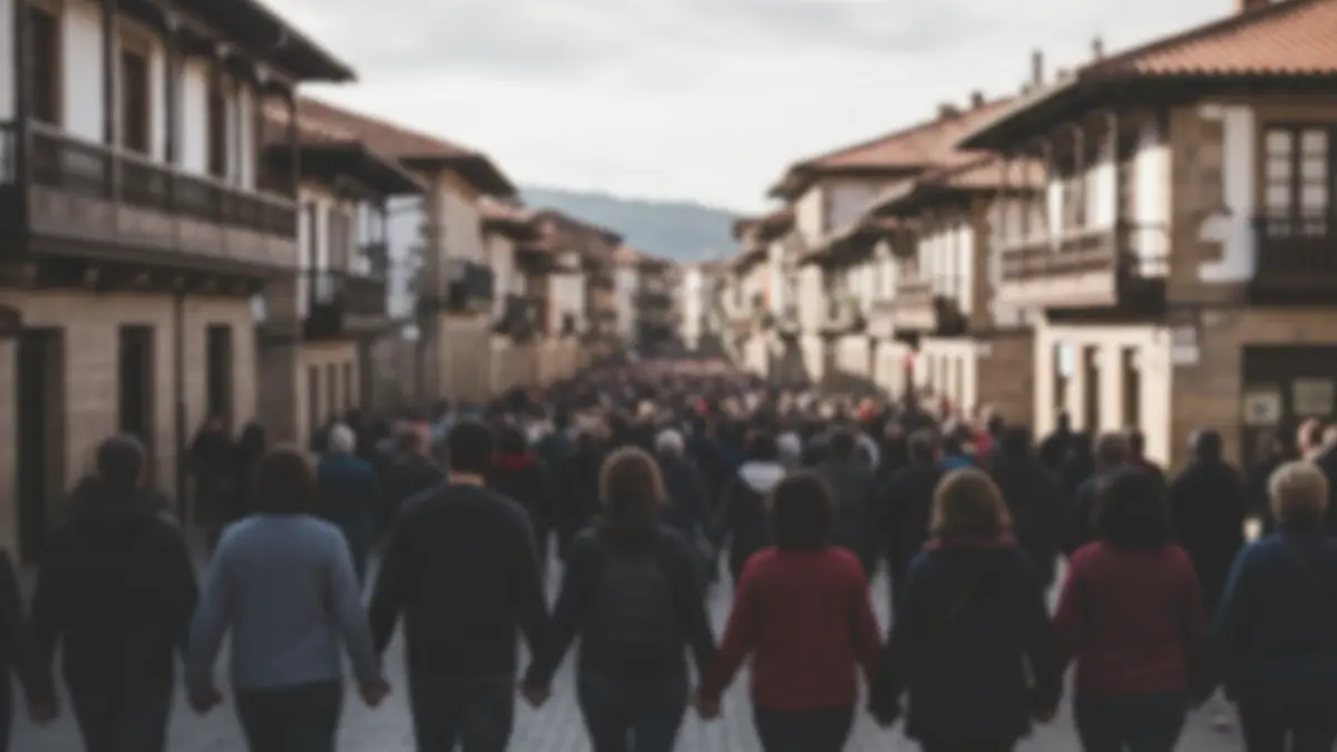 A human chain in a street in Bilbao, seen from behind, with traditional Basque architecture in the background.