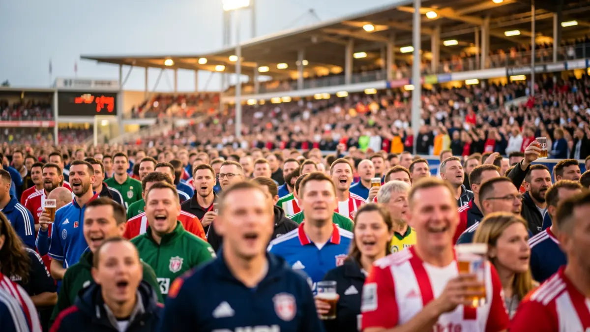 Generic image: A vibrant atmosphere outside a football stadium in Euskadi, with blurred crowds of fans in team colors, some holding beer cups and singing, warm evening lights.