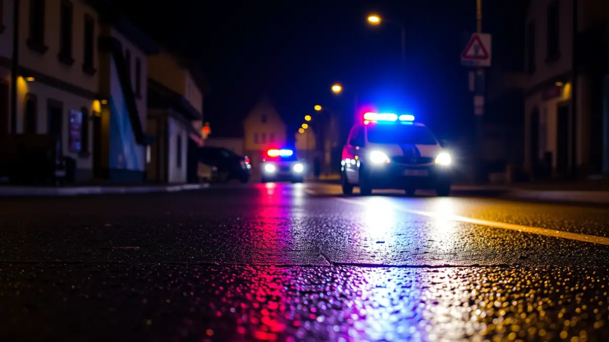 Generic image: Police emergency lights reflecting on wet asphalt at night, in a Basque town.