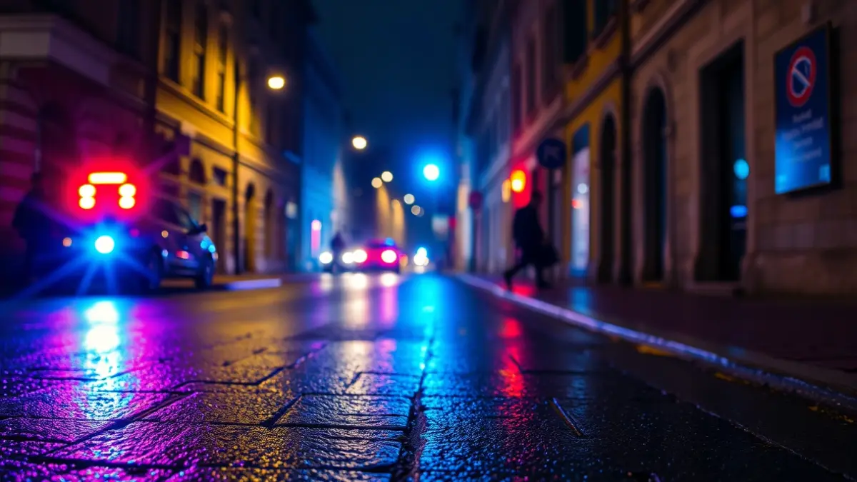 Imagen genérica: Luces de emergencia reflejándose en asfalto mojado de noche, en una calle estrecha del casco antiguo.