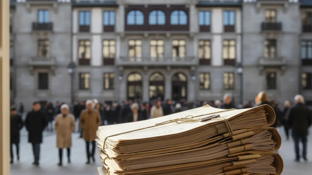 Imagen genérica de una pila de documentos oficiales con un edificio gubernamental borroso al fondo.