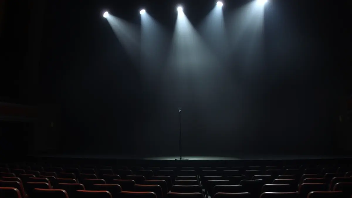 Generic image of an empty theater with a microphone on stage.