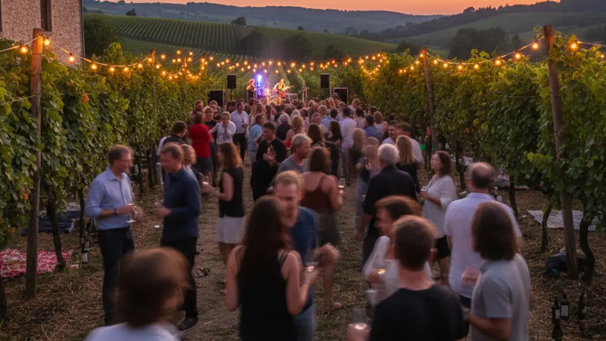 Generic image of an outdoor music festival in a Rioja Alavesa vineyard at dusk.