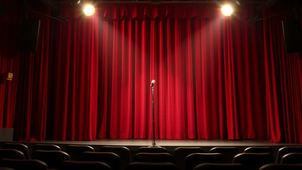 Imagen genérica de un teatro vacío con un micrófono en el escenario.