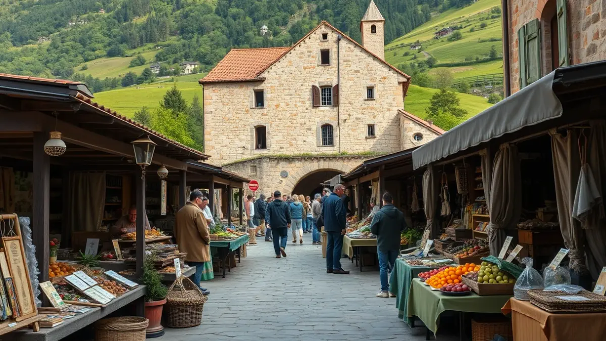 Generic image of the Estíbaliz Fair of Grievances, with stalls displaying crafts and local products.
