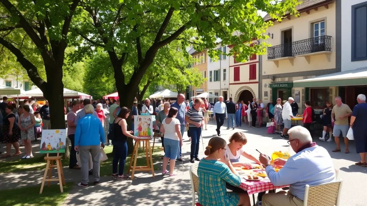 Estíbalizko jaietako irudi bat, jendea margotzen, dantzan eta herri kiroletan gozatzen.