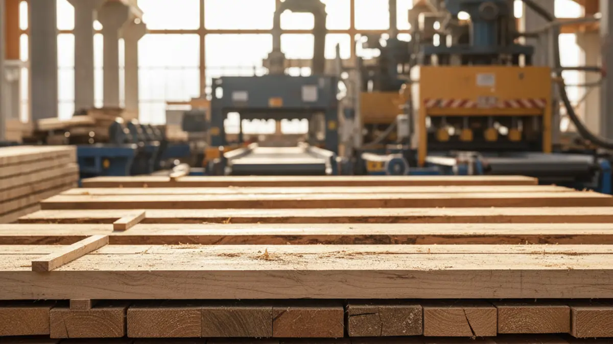 Imagen genérica de apilamiento de madera en un aserradero.