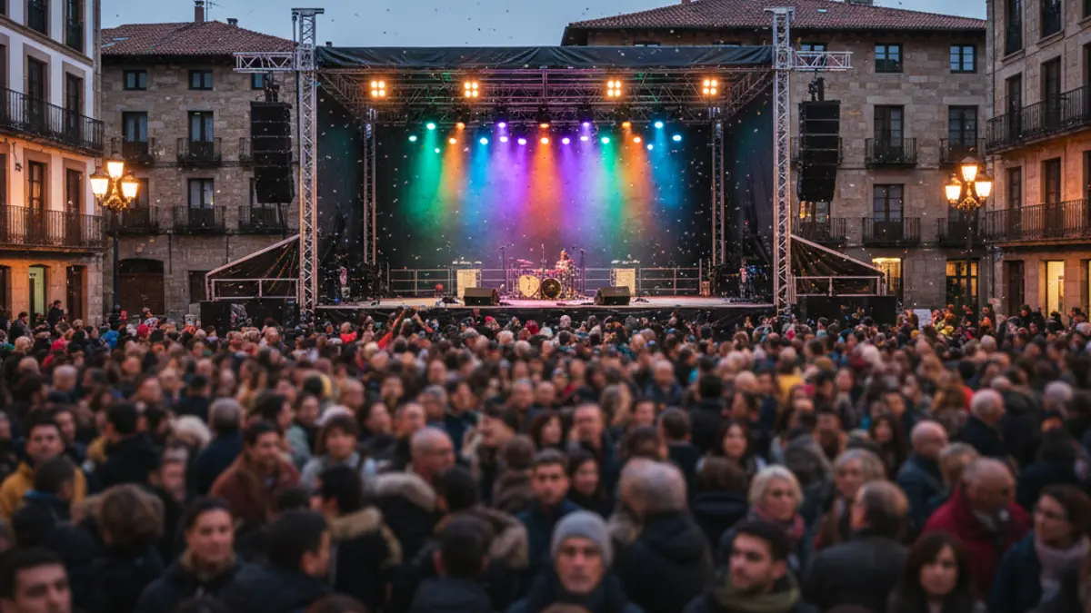 Imagen genérica de un escenario de concierto al aire libre al anochecer, con luces de colores y una multitud difuminada.