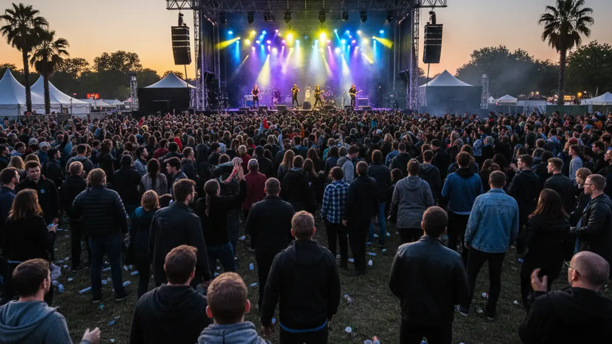 Generic image of a concert stage and a crowd, at dusk.