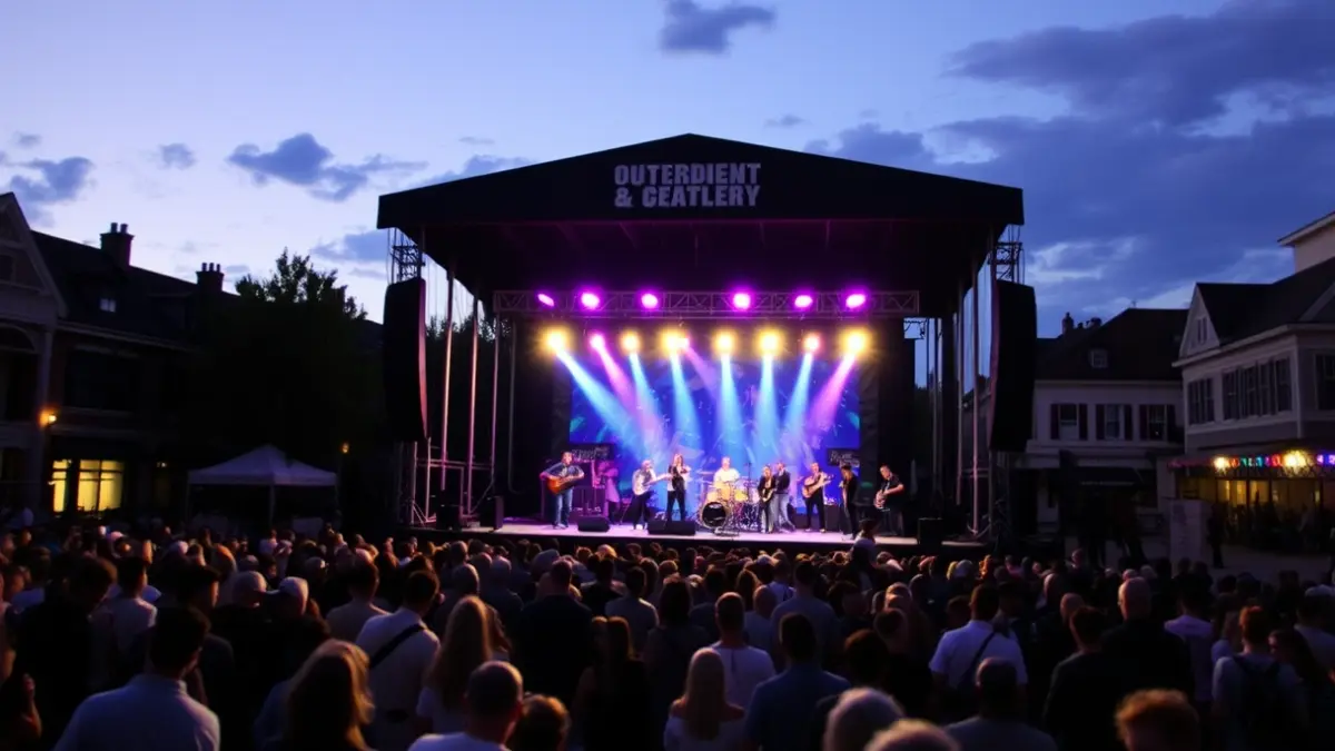 Generic image of an outdoor concert stage at dusk, with blurred lights and a crowd.