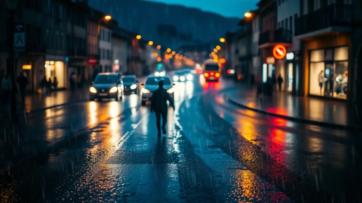 Imagen genérica de una calle empapada por la lluvia de noche, con luces borrosas.