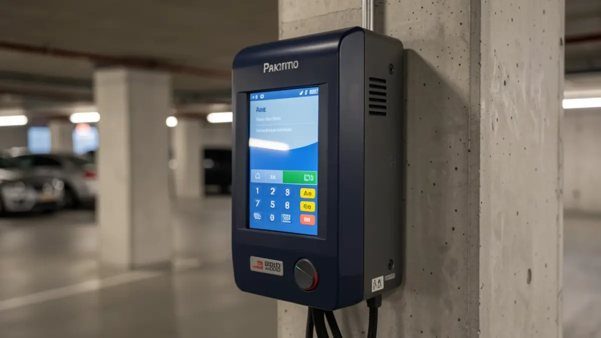 Automated parking access machine with the facility interior blurred.