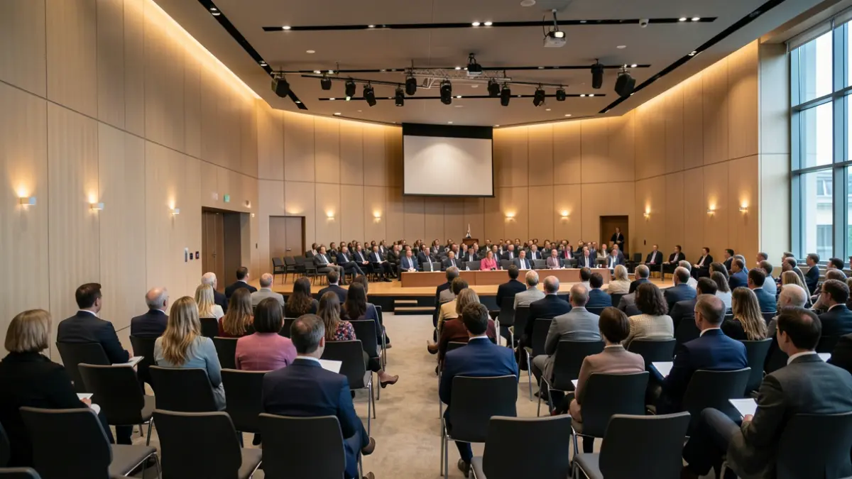 Interior of a conference hall prepared for presentations.