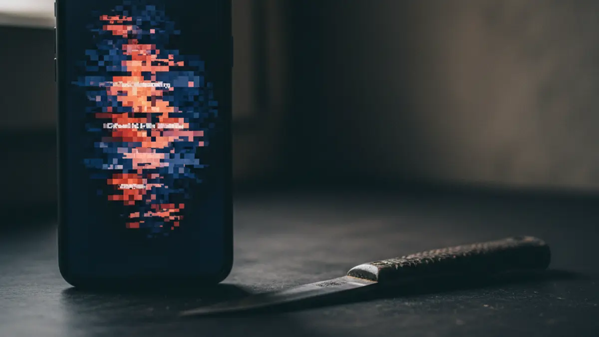 Pantalla de un teléfono móvil con advertencias de fraude digital, yuxtapuesta con la imagen borrosa de un pequeño cuchillo, representando la doble naturaleza del crimen moderno.