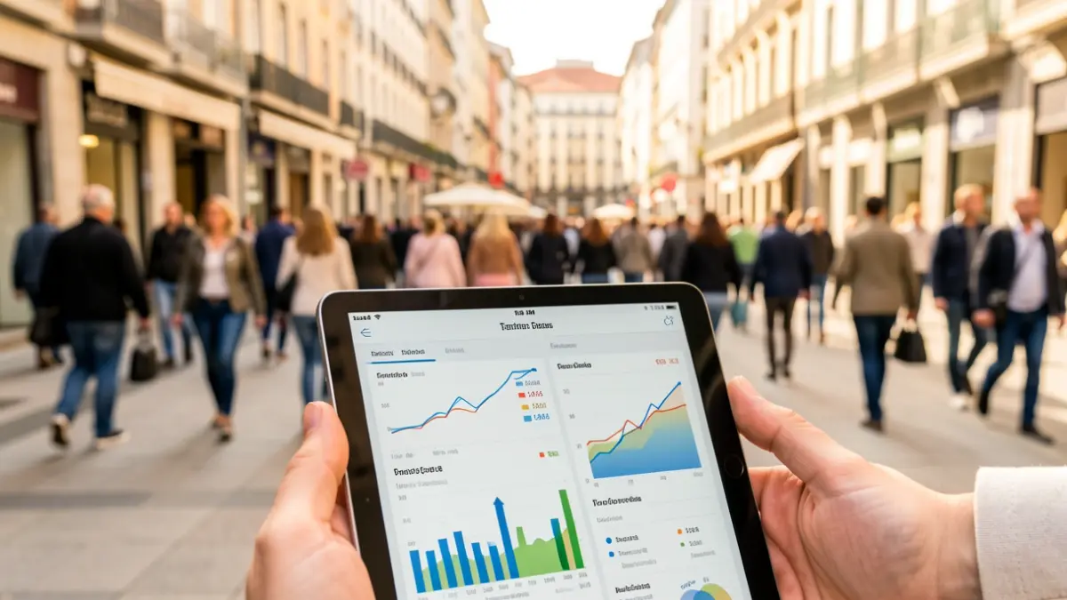 A tablet displaying tourism statistics in a bright urban setting in Bilbao.
