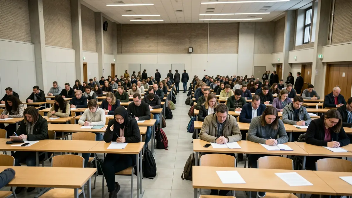 Azterketa areto baten barrualdea, Euskadin, mahaiz eta aulkiz betea, ikasle askorentzat prest.