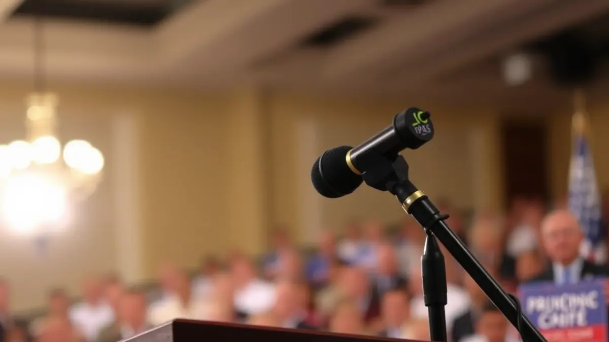 A microphone on a podium in a formal setting, with a blurred background of an audience, suggesting a political speech or event.
