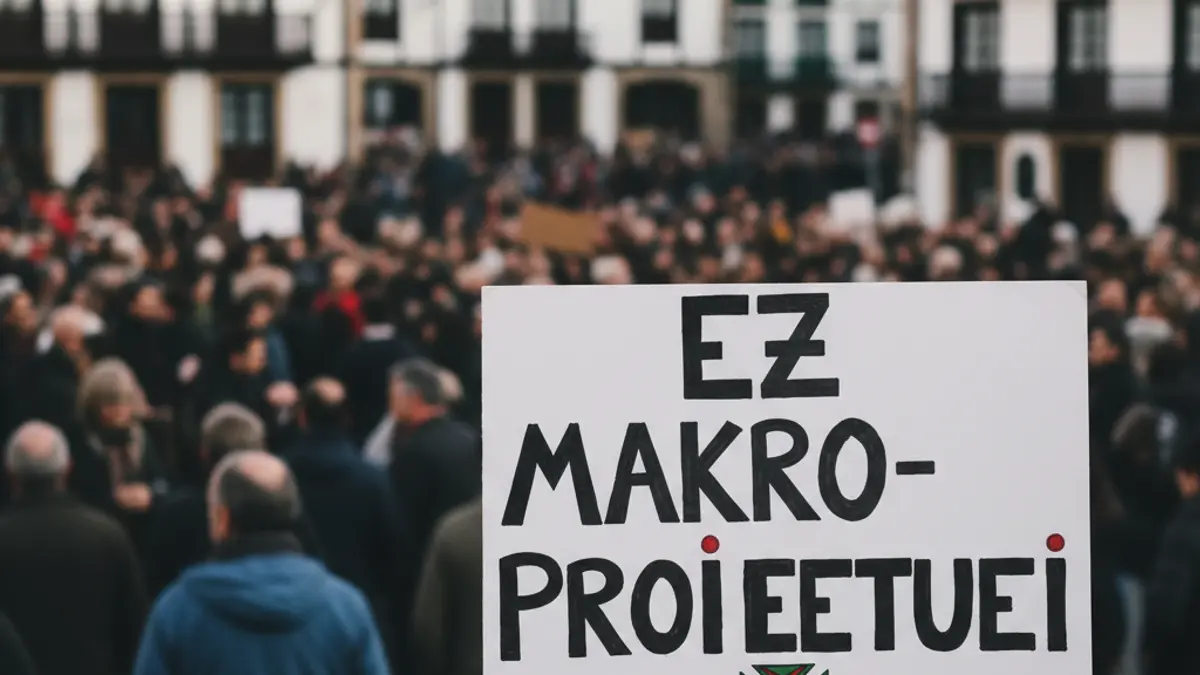Makroproiektuen aurkako manifestazioa Gasteizen, jendea pankartak altxatzen.