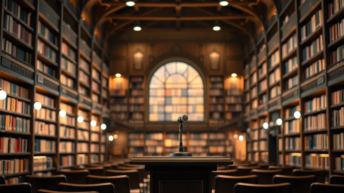 Imagen genérica de un micrófono y podio vacío en un evento de lectura en una biblioteca.